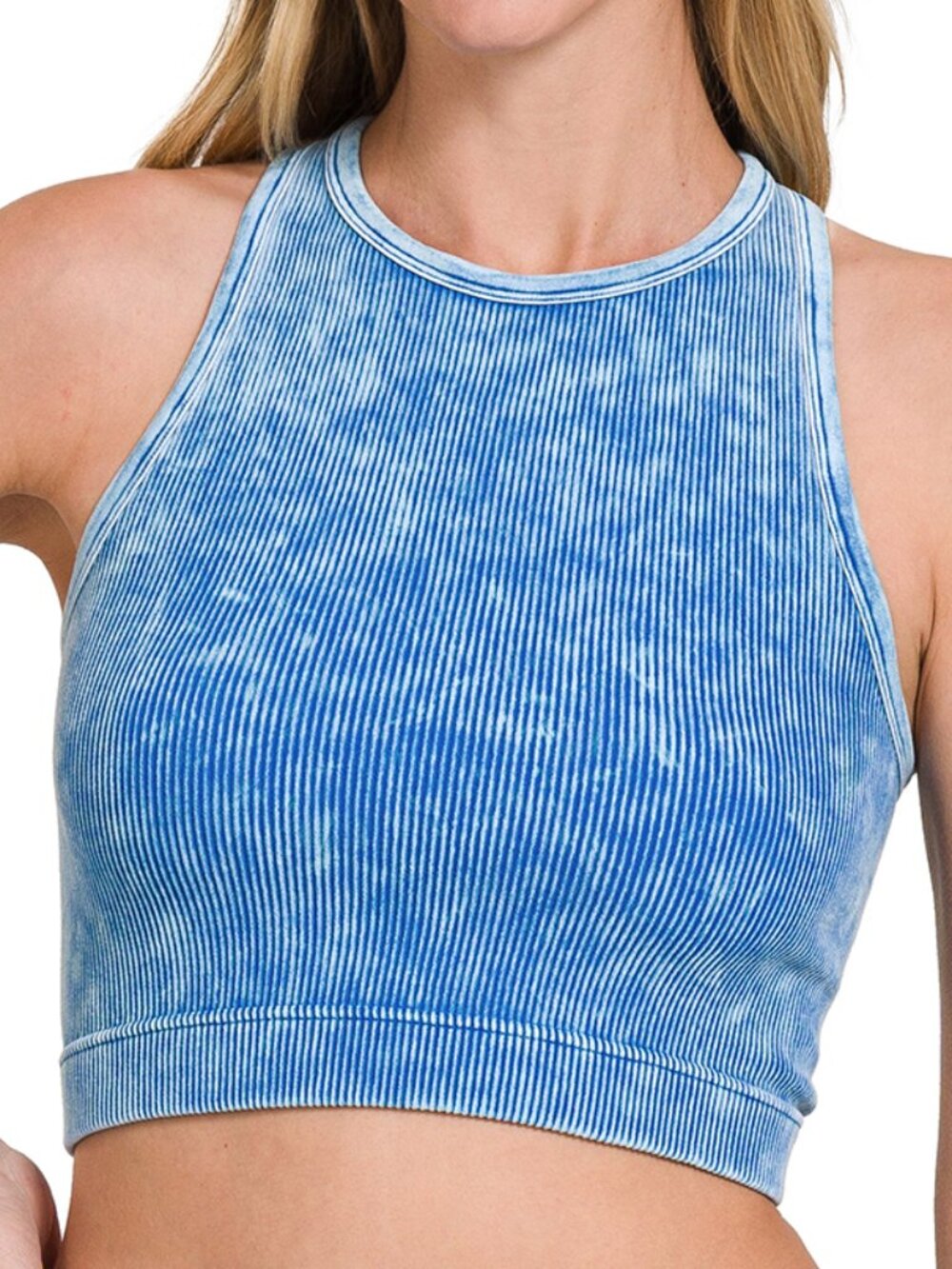 Washed Ribbed Seamless Cropped Tank Top in Ocean Blue